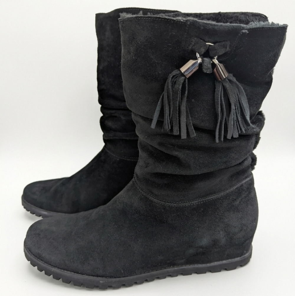 Stuart Weitzman Black Suede Faux-Fur Lined Slouch Tassel/Fringe Boots Size 8.5 M